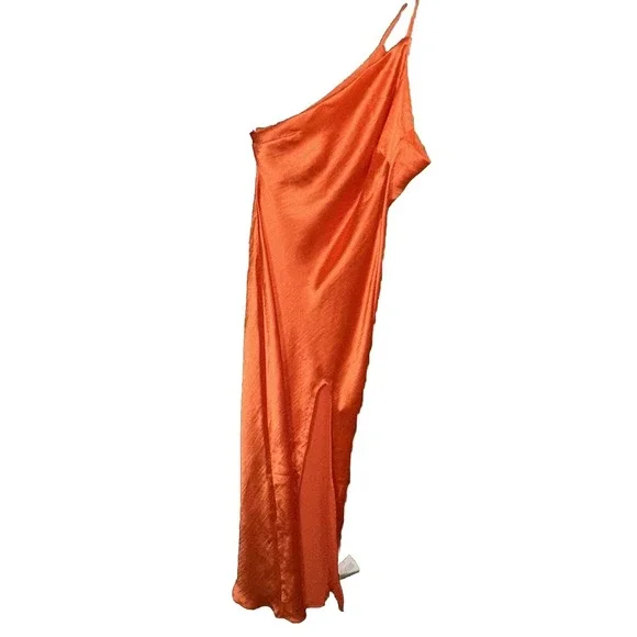 open lace back dress Asos Design Satin One Shoulder Maxi Dress With Cut Out Elastic Band Detail  In Sunset Orange main image 1